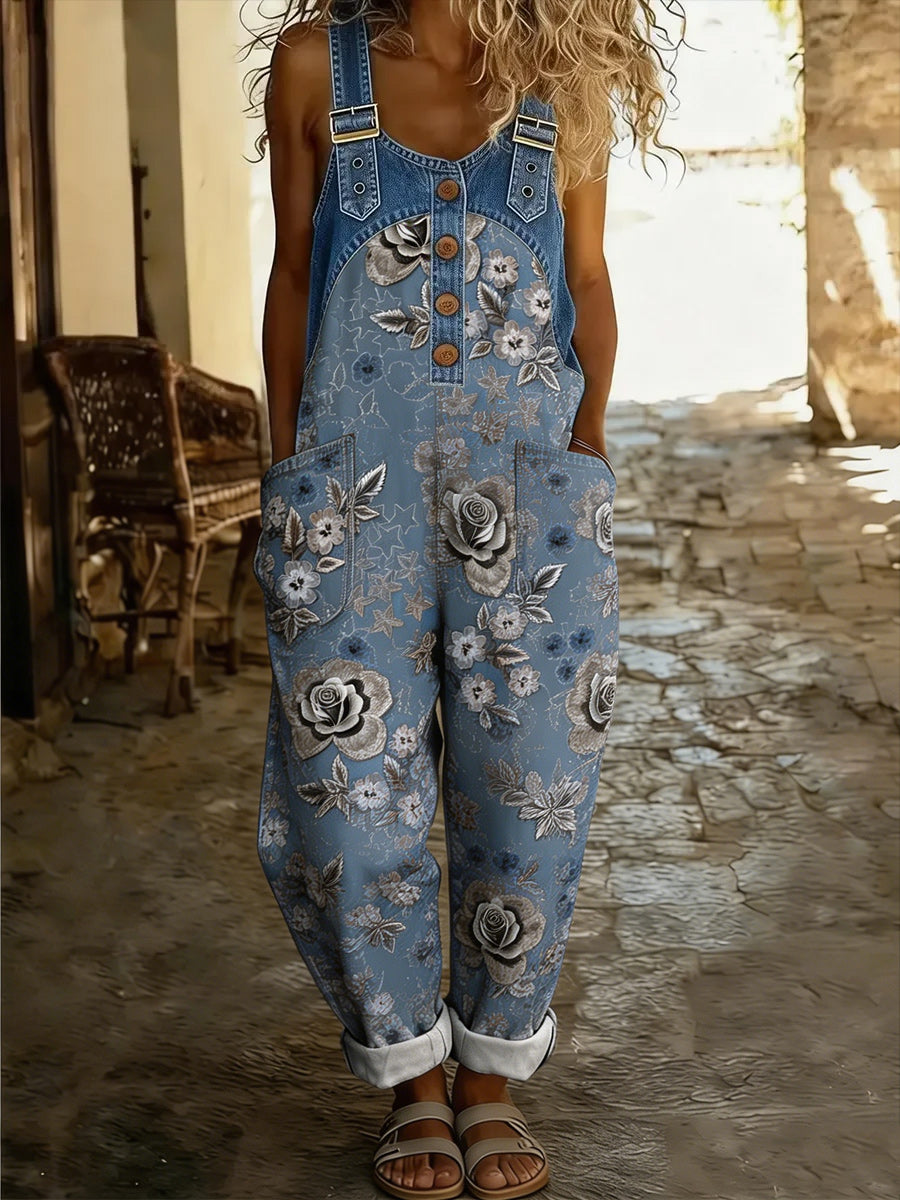 Women's Retro Style Art Print Washed Cotton Denim Patchwork Jumpsuit